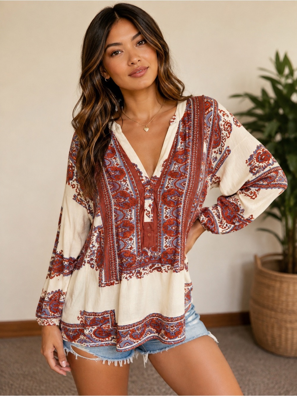 Anthropologie Tiny Brand Rust and Blue Paisley V-Neck Button-Front Tunic